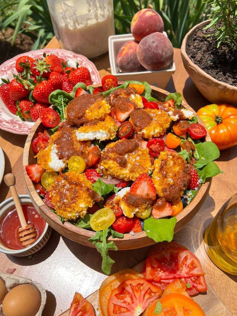 Fried Goat Cheese Arugula Salad with Strawberry-Basil Vinaigrette