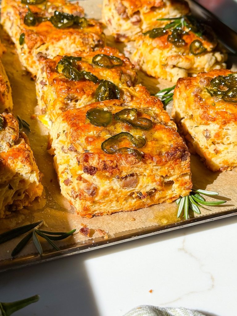 Sausage, Cheddar, & Rosemary Breakfast Biscuits with Jalapeno-Honey Glaze