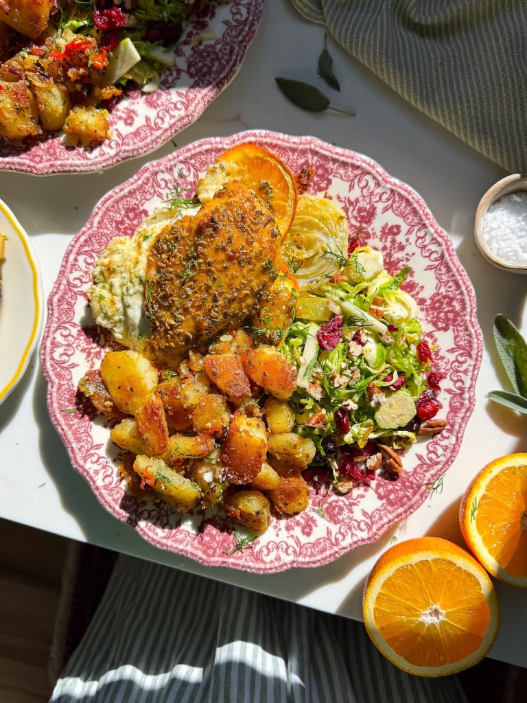 Citrus Fennel Stuffed Chicken with Crispy Roasted Potatoes & Shaved Brussel Sprout Salad